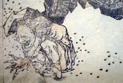 کاتسوشیکا هوکوسائی (۱۷۶۰–۱۸۴۹): یک اونی که توسط لوبیاهای پراکنده بدرقه می‌شود، جزئیات یک چاپ