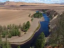 River running through a desert landscape. There are some trees near the river.