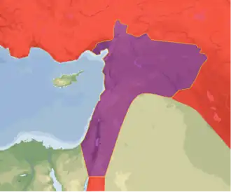 پادشاهی عربی سوری با مرزبندی رسمی، و مناطق زیر پوشش این دولت (بعضی از قسمتها به دلیل اشغال مستقیم از طرف فرانسه و بریتانیا ممکن است امروزه جزء این کشور نباشد)