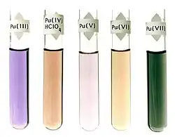 Aqueous solutions of plutonium III, V, VI, VII salts.