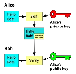 Alice signs a message—"Hello Bob!"—by appending to the original message a version of the message encrypted with her private key. Bob receives the message, including the signature, and using Alice's public key, verifies the authenticity of the message, i.e. that the signature can be decrypted to match the original message using Alice's public key.