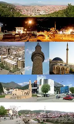 Top row: PrizrenSecond row: League of Prizren, پریزرنThird row: Our Lady of Ljeviš, پریزرن، Sinan Pasha MosqueForth row: Namazgâh, Municipality BuildingBottom row: Prizrenska Bistrica