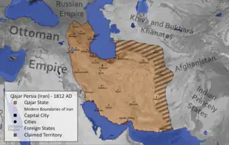 گستره ایران قاجاری در زمان فتحعلیشاه قاجار؛ ابتدای سده نوزدهم میلادی.