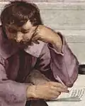 "هراکلیتوس" ورق‌هایی را روی سکو گذاشته و مشغول تفکر و یادداشت است.