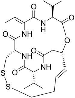 Skeletal formula of (1S,4S,7Z,10S,16E,21R)-7-ethylidene-4,21-diisopropyl-2-oxa-12,13-dithia-5,8,20,23-tetrazabicyclo[8.7.6]tricos-16-ene-3,6,9,19,22-pentone