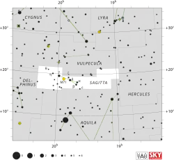 Diagram showing star positions and boundaries of the constellation of Sagitta and its surroundings