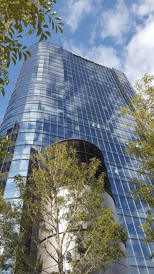 A tall glass skyscraper