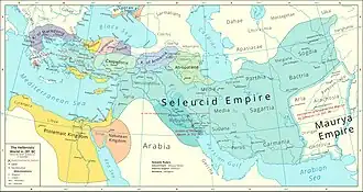 گستره امپراتوری سِلوکی (آبی روشن) در هنگام مرگ سلوکوس یکم، ح. ۲۸۱ پ. م.