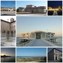 Top left:Foro Annonario and Rome Square, Top center:Roca Roveresca Fortress, Top right:Night view of Piazzale iberta waterfront area, iddle left:Chiostro delle Grazie, Middle right:Rotonda a Mare, Bottom left:View of sunset in Spiaggia Velluto Beach, Bottom center:View of Senigalla from Scapezza Hill, Bottom right:Portici Ercolani flime misa