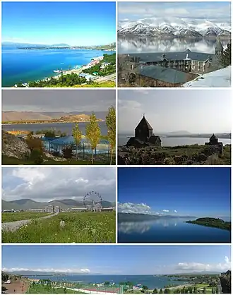 از بالا چپ:
Sevan landscape • Vaskenian Theological AcademySevan peninsula • سواناوانکافق مریی سوان • دریاچه سواننمایی Panoramic از ساحل سوان