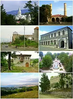 آثار برجسته شهر شوشی:از بالا چپ: کلیسای جامع غازانچتسوتس • مسجد جامع گوهریه یوخاریدژ شوشی • نگارخانهٔ ملیموزهٔ تاریخ • پارک مرکزیچشمانداز شهر شوشی • خانه خورشیدبانو ناتوان