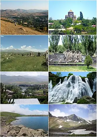 از بالا چپ:افق مریی سیسیان • صومعه هُوْهانِس مقدس (۶۹۱)زوراتس کارر • بنای یادبود جنگ آرتساخرودخانه وروتان • آبشار شکیتولورس reservoir • کوهستان زانگزور