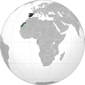 سبز: Spanish Sahara.خاکستری تیره: سایر امپراتوری اسپانیا.خاکستری تیرهتر: Spain.