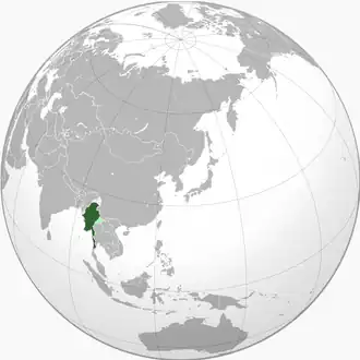 Green: Under government authorityLight silver: Remainder of حکومت بریتانیا در برمهLight green: Annexed by تایلند