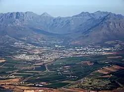 Stellenbosch with Great Drakenstein and Stellenbosch Mountains beyond