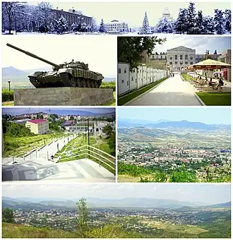 از بالا چپ:دورنمای گسترده از Renaissance میدانتانک T-72 یادبودی از جنگ قره‌باغ • دانشگاه آرتساخمرکز خرید استپاناکرت • افق مریی استپاناکرتدورنمای وسیع استپاناکرت
