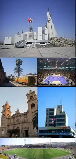 Top:Monument at Battle of Tacna in Intiorko Hills, 2nd left:Ferroviaria Railroad Station, 2nd right:Cerrado Peru Arena (Coliseo Cerrado Peru), 3rd left:Tacna Cathedral, 3rd right:Tacna Municipal Hall, Bottom:Jorge Basadre Stadium (Estadio Jorge Basadre)