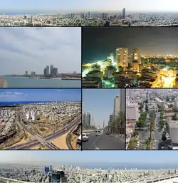 From top left: تل آویو، هرتزلیا، بت یام، نتانیا، اشدود، ریشون لتسیون، Southern Suburbs of تلآویو.