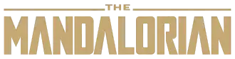 The words "The Mandalorian" in gold on a black background.
