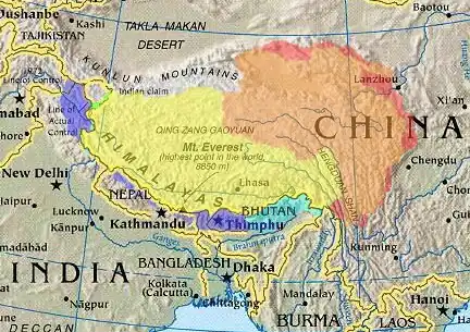 Cultural/historical Tibet (highlighted) depicted with various competing territorial claims.