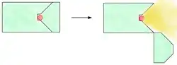 این دوربین نوع مشعل (torch-type) از یک لولا استفاده میکند. منبع رادیواکتیو با رنگ قرمز، محافظ با رنگهای آبی/سبز و پرتوهای گاما با رنگ زرد نشان داده شدهاند.