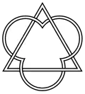 Three interlocking circles with a triangle in the centre, the full, interlocking lines of each now shown.