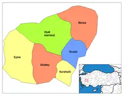 Location of Banaz within Uşak Province.