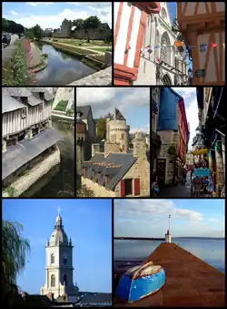 Montage of Vannes, Top left:View of Ramparts Garden of Vannes and Gaillard Castle Museum, Top right:Saint Peters Cathedral, Middle left:Vieux lavoirs, old washing place, Center:Connetable Tower, Middle right:Intra Muros narrow street, Bottom left:Saint Paterne Church, Bottom right:Conleau Pier