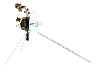 Model of a small-bodied spacecraft with a large, central dish and many arms and antennas extending from it
