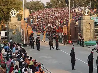 The evening flag lowering ceremony at the India–Pakistan international border near Wagah