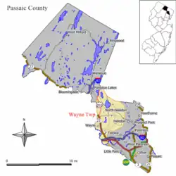 نقشه وین Township در شهرستان پاسائیک. Inset: موقعیت شهرستان پاسائیک پررنگ شده در ایالت نیوجرسی.