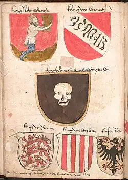 نشان معاصر (بالا سمت راست) از دودمان نصری غرناطه با کتیبهٔ عربی تحریفشده (Wernigerode Armorial).