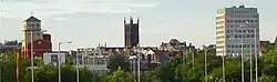 Clockwise from top: the city skyline, Queen's Building, ورزشگاه مالینیو، Wightwick Manor, the market square building, the collegiate church and Queen Street