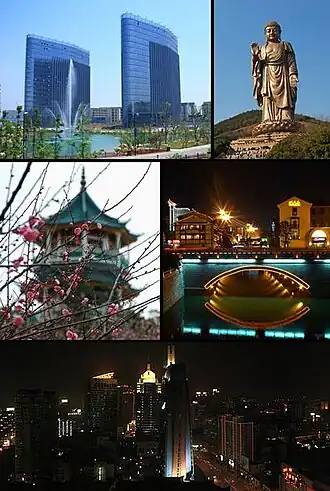 From left to right: Wuxi skyline, Wuxi Grand Theatre, the Grand Buddha at Ling Shan، Liyuan garden, Qingmingqiao ancient town, a train on Line 1, Wuxi Metro, and Wuxi Museum