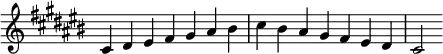   {
\override Score.TimeSignature #'stencil = ##f
\relative c' {
  \clef treble \key cis \major \time 7/4 cis4 dis eis fis gis ais bis cis bis ais gis fis eis dis cis2
} }
