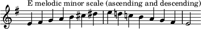 {
\override Score.TimeSignature #'stencil = ##f
\relative c' {
\clef treble \key e \minor \time 7/4
e4^\markup "E melodic minor scale (ascending and descending)" fis g a b cis dis e d! c! b a g fis e2
} }