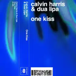 A blue and black visual featuring the artits, Calvin Harris' and Dua Lipa's names, and the song name "One Kiss" in multiple places throughout the cover. It also features the song length, the record label's logo and a barcode.