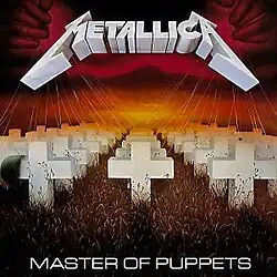 Cemetery field of white crosses tethered to strings, manipulated by a pair of hands in a clouded, blood-red sky, with a fiery orange glow on the horizon