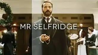 Series titles over an image of Selfridge in his store