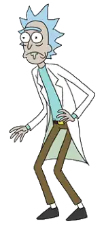 An old man with spiky light blue hair, wearing a lab coat and holding a device in his left hand. He has a unibrow and some green saliva coming out of his mouth.