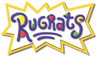 The word "Rugrats" and two small underlines in dark blue written in a child's handwriting, with red, yellow, and green dots, a white background, and a jagged yellow border.