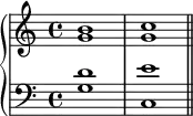 
  \new PianoStaff <<
  \new Staff <<
  \new Voice \relative c'' {
  \stemUp \clef treble \key c \major \time 4/4
  b1 c
  }
  \new Voice \relative c'' {
  \stemDown
  g1 g
  }
  >>
  \new Staff <<
  \new Voice \relative c' {
  \stemUp \clef bass \key c \major \time 4/4
  d1 e
  }
  \new Voice \relative c' {
  \stemDown
  g1 c, \bar "||"
  }
  >>
  >>
