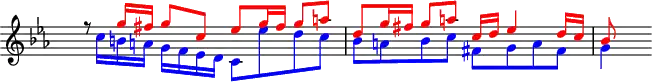 
\version "2.14.2"
\header {
  tagline = ##f
        }
upper = \relative c''' {
  \key c \minor
  \override Staff.TimeSignature.transparent = ##t
  \tempo 4 = 88
       <<
         {
           \voiceOne
           r8 \override NoteHead.color = #red \override Stem.color = #red \override Beam.color = #red \override Accidental.color = #red g16 fis g8 c, es g16 fis g8 a d, g16 fis g8 a c,16 d es4 d16 c bes8
         }
         \new Voice {
           \voiceTwo
           s16 \override NoteHead.color = #blue \override Stem.color = #blue \override Beam.color = #blue \override Accidental.color = #blue c b a g f es d c8 es' d c bes a bes c fis, g a fis g4
         }
       >>
                }
\score {
    \new Staff = "upper" \upper
  \layout {
    \context {
      \Score
      \remove "Metronome_mark_engraver"
    }
  }
  \midi { }
}
