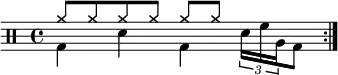 \new Staff <<
\new voice \relative c' {
\clef percussion
\time 4/4
\set Score.tempoHideNote = ##t \tempo 4 = 100
\stemDown \repeat volta 2 { g4 d' g, \tuplet 3/2 { d'16 f a, } g8 }
}
\new voice \relative c'' {
\override NoteHead.style = #'cross
\stemUp \repeat volta 2 { a8 a a a a a s s }
}
>>