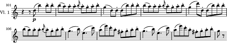 \new Staff \with { instrumentName = #"Vl. 1 "} \relative c'' {
\version "2.18.2"
\key c \major
\set Score.tempoHideNote = ##t
\time 4/4
\tempo 4 = 140
\omit Staff.TimeSignature
\set Score.currentBarNumber = #101
\bar "" % enforce bar number at the very beginning
r4 r8 d8\p( b'4) b8-. b-. |
b( a) a-. a-. \grace b16( a8-.) g-. a-. b-. |
g4( d8) d-. d( b') b-. b-. |
b( a) a-. a-. \grace b16( a8-.) g-. a-. b-. |
g4( d'8) d,-. d( b') b-. b-. |
b( a) a-. a-. \grace b16( a8-.) g-. a-. b-. |
g4.( b8) e,4.( c'8) |
a( e') c-. a-. fis-. g-. a-. b-. |
g4.( b8) e,4.( c'8) |
a( e') c-. a-. fis-. g-. a-. b-. |
g r8
}