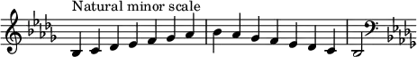 {
\override Score.TimeSignature #'stencil = ##f
\relative c' {
\clef treble \key bes \minor \time 7/4
bes4^\markup { Natural minor scale } c des es f ges aes bes aes ges f es des c bes2
\clef bass \key bes \minor
} }