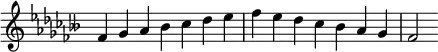 {
\override Score.TimeSignature #'stencil = ##f
\relative c' {
\clef treble \key fes \major \time 7/4 fes4 ges aes beses ces des ees fes ees des ces beses aes ges fes2
} }