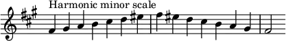 {
\override Score.TimeSignature #'stencil = ##f
\relative c' {
\clef treble \key fis \minor \time 7/4
fis4^\markup "Harmonic minor scale" gis a b cis d eis fis eis d cis b a gis fis2
} }