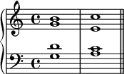 
  \new PianoStaff <<
  \new Staff <<
  \new Voice \relative c'' {
  \stemUp \clef treble \key c \major \time 4/4
  b1 c
  }
  \new Voice \relative c'' {
  \stemDown
  g1 e
  }
  >>
  \new Staff <<
  \new Voice \relative c' {
  \stemUp \clef bass \key c \major \time 4/4
  d1 c
  }
  \new Voice \relative c' {
  \stemDown
  g1 a \bar "||"
  }
  >>
  >>
