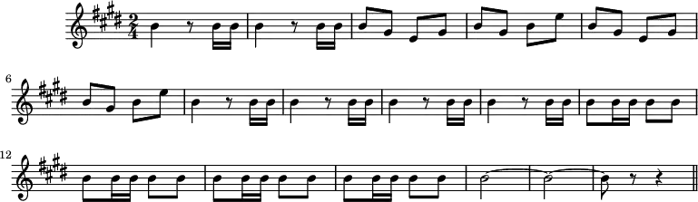 \header { tagline = ##f }
\score {
\new Staff \with {
%\remove "Time_signature_engraver"
}
\relative c'' {
\key e \major
\time 2/4
\tempo 4 = 168
\set Staff.midiInstrument = #"trumpet"
b4 r8 b16 b b4 r8 b16 b b8 gis e gis b gis b e b8
gis e gis b gis b e b4 r8 b16 b b4 r8 b16 b b4 r8
b16 b b4 r8 b16 b b8 b16 b b8 b b b16 b b8 b b b16 b
b8 b b b16 b b8 b b2 ~ b2 ~ b8 r8 r4
\bar "||"
}
\layout {
\context {
\Score
\remove "Metronome_mark_engraver"
}
}
\midi {}
}